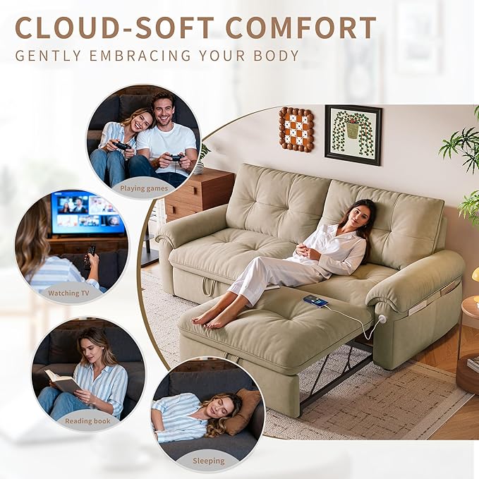 KEIKI 77" Modular Sectional Sofa with Pull-Out Bed, Convertible Sleeper Sofa Bed, 3-Seater Sleeper Sofa Couch for Living Rooms, Bedroom, Apartment, Brown