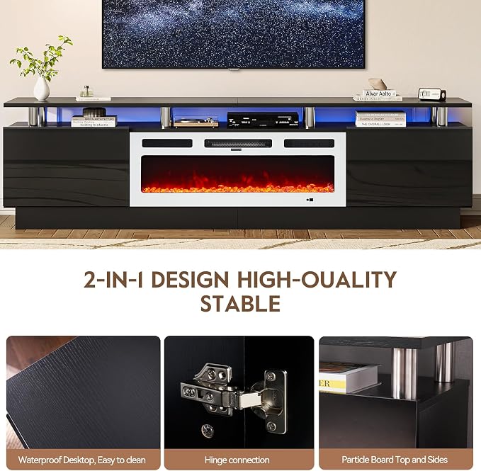 80" TV Stand for Living Room, Modern Entertainment Center & Media Console, Fits TVs up to 80", Storage Cabinet with Shelves, 36" Electric Fireplace with LED Flame(Black+White) - Image 5