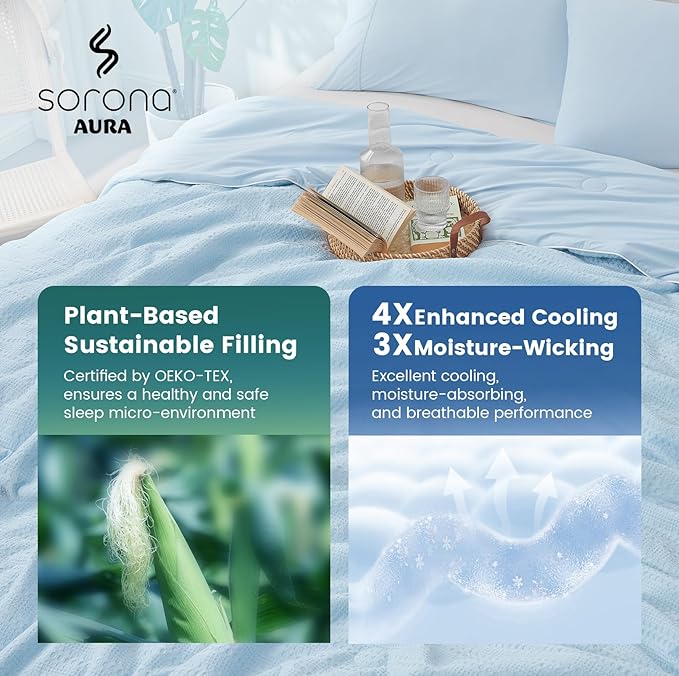 Amélie Home Waffle Cooling Comforter King Size, Q-Max 0.45 Reversible Lightweight Cooling Blanket for Hot Sleepers, Breathable Bedding for Night Sweats, 106"x90", Sky Blue