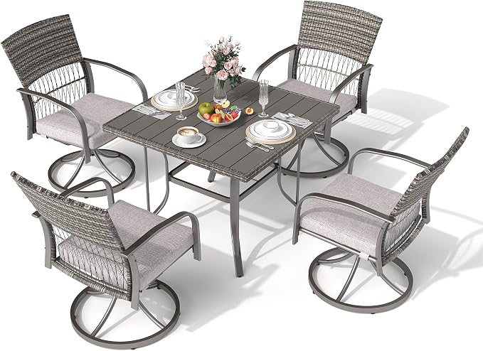 Pamapic 5-Piece Outdoor Dining Set with Swivel Chairs, Rattan Patio Furniture for Backyard, Deck, Garden, Weather-Resistant Iron Slats Table & 4 Chairs with Removable Cushions (Grey) - Image 2