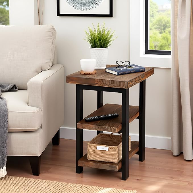 Alaterre Furniture Pomona Living Room Tables – 3-Tier Solid Wood End Table with Metal Legs & Storage Shelves – Modern Rustic Industrial Space-Saving Side Table or Nightstand (Rustic Brown)