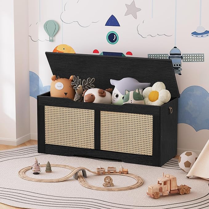 HOOBRO Storage Bench, 43.3" Toy Box, Rattan-Like Storage Chest, Sturdy Entryway Bench Supports 220 lb, Toy Chest, Safety Hinge, U-Shaped Opening, Easy Assembly, Black BB22CW01 - Image 2