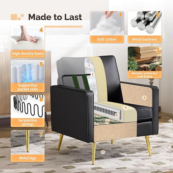 VINGLI Modern PU Leather Accent Chair, Single Sofa Chair with Pocket Coil Seat, Metal Backrest & Solid Wood Frame, Upholstered Armchair for Living Room, Bedroom or Office