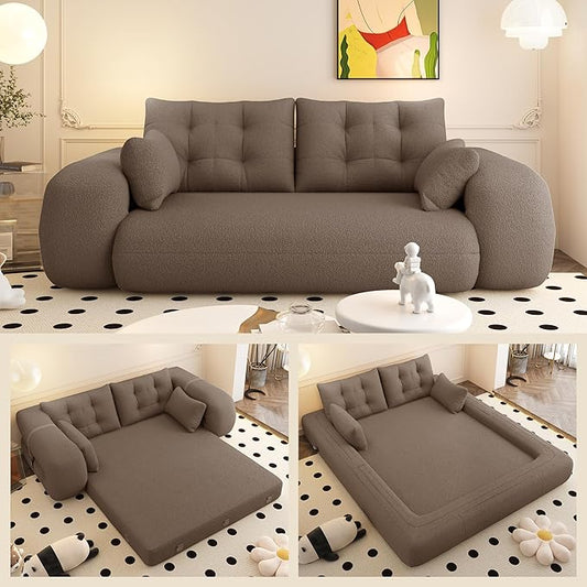 78.7" Convertible Sofa Bed, 3-in-1 Folding Floor Couch with 4 Pillows, Sleeper Sofa for Living Room and Guest Bed, No Assembly Required (Brown, Teddy Fabric)