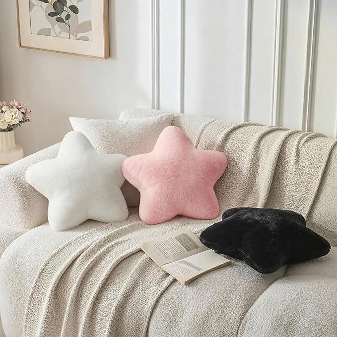 2PCS Star Pillow Set, 15.35’’ Cute Black White Decorative Star Shaped Throw Pillows for Bed Couch, Aesthetic Soft Faux Plush Pillow Cushion for Room Bedroom Decor Sofa Chair (Black&White)
