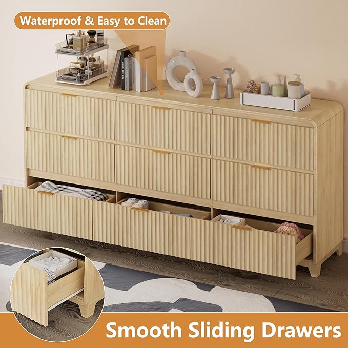 3 Piece Bedroom Furniture Set 9 Drawer Fluted Dresser & 2 Nightstand Sets with Metal Handle, Charging Station & Storage Cabinet, Modern Design for Bedroom/Living Room, Natural