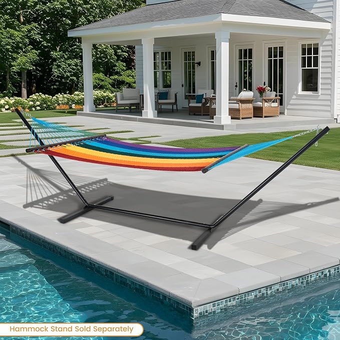Lazy Daze Hammocks 10.5 FT Double 2 Person Caribbean Rope Hammock, Hand Woven Polyester Hammock with Spreader Bars, for Outside Outdoor Backyard Patio Poolside, 450 LBS Capacity, Rainbow - Image 9