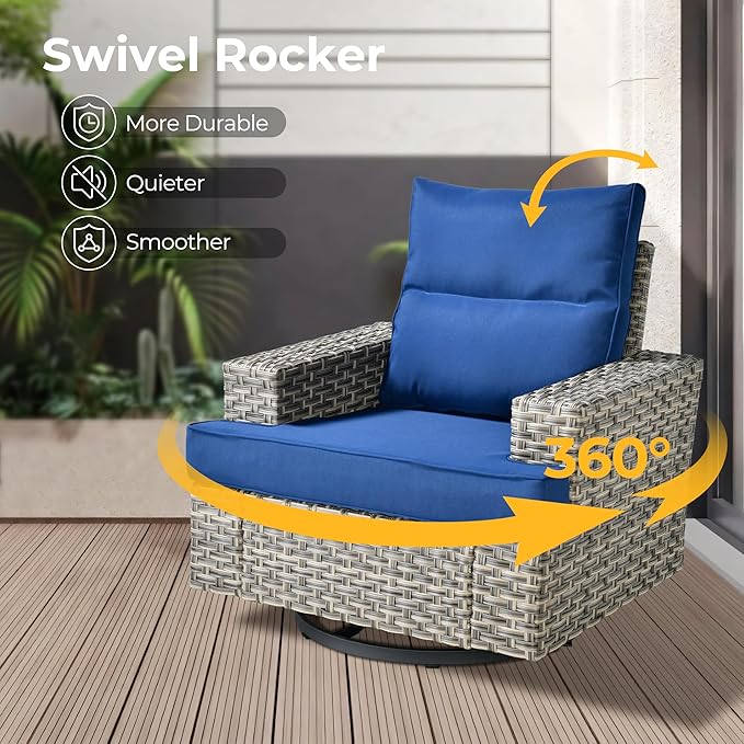 HOOOWOOO Outdoor Sectional Patio Furniture Set with Fire Pit Table,15 Pieces Wicker Conversation Sets L Shaped Couch,Extra Deep Out Door Sofa Outside Furniture with Swivel Chairs Ottomans,Navy Blue