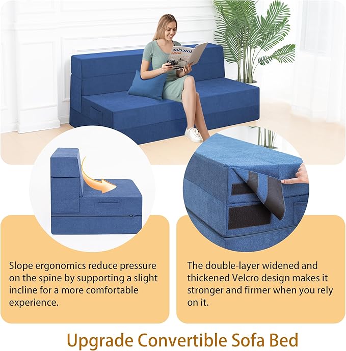 Folding Sofa Bed Chair with Pillow,Convertible Fold Out Chair Bed Sleeper,Foam Floor Mattress, Foldable Futon Couch Bed for Living Room/Dorm/Guest/Office (Blue, Queen)