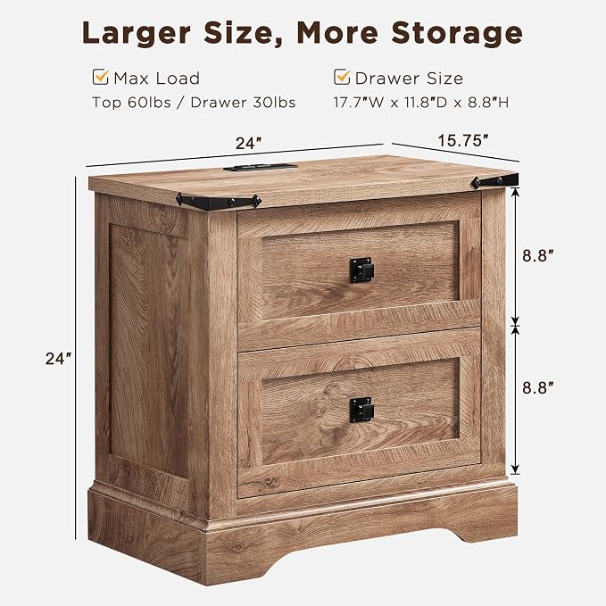 T4TREAM 24" Farmhouse Nightstand with Charging Station, Large End Table with 2 Storage Drawers, Rustic Wood Sofa Bedside Table for Bedroom, Light Knotty Oak - Image 2