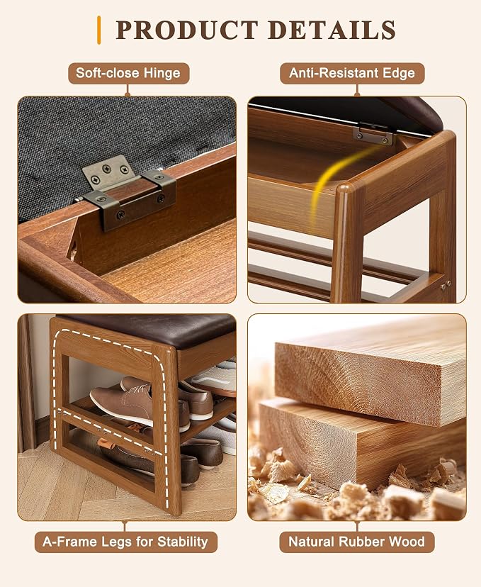 Shoe Rack Bench with Hidden Storage, 2-Tier Solid Rubberwood Entryway Bench with Soft Leather Cushioned Seat & Flip-Top Storage, 330lbs Capacity, Wooden Shoe Organizer for Hallway, Closet, Foyer - Image 8