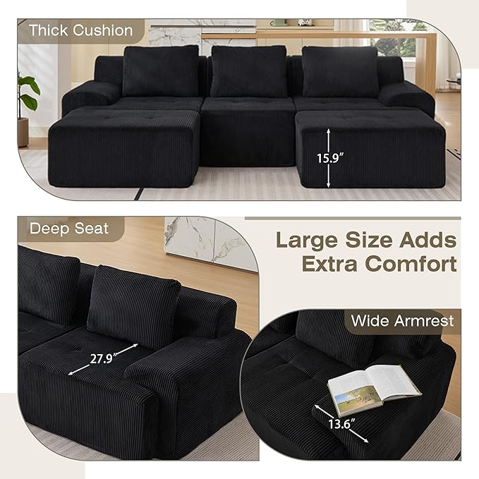 Modular Sectional Sofa, 6 Seat Modular Couch, Modular Sofa with Deep Seat and Detachable Pillow (Black, 5 Pieces-U Shape)