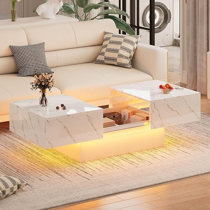 White Marble LED Coffee Table with Storage for Living Room, Living Room Table Rectangular Center Table, Modern High Glossy Wooden Coffee Tables for Dining Reception Room