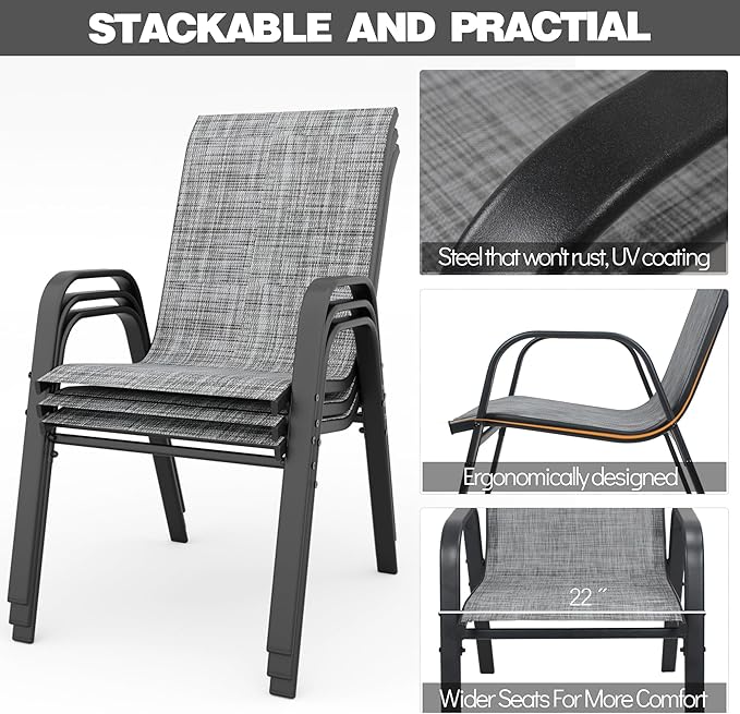 Patio Chairs Set of 6, Stackable Outdoor Dining Chairs for All Weather Textilene Fabric & Metal Frame, Outdoor Chairs Set for Backyard Deck Garden - Image 7