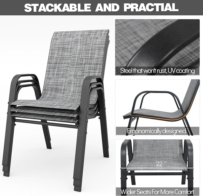Patio Chairs Set of 4, Stackable Outdoor Dining Chairs for All Weather Textilene Fabric & Metal Frame, Outdoor Chairs Set for Backyard Deck Garden (Grey, Set of 4) - Image 4