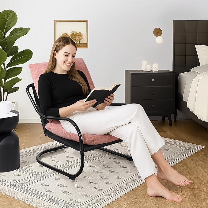 Peace nest Modern Accent Chair,Comfy Living Room Suspended Chair with Mental Frame,Bedroom Armchair with Soft Upholstered Cushion for Balcony Lounge Reading Meeting Room,Pink