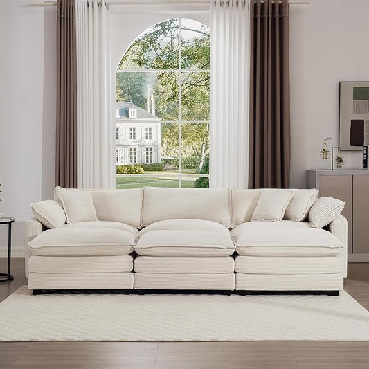 KEIKI 115" Oversized Corduroy Modular Sectional Sofa with 3 Ottoman, High-Density Foam Cushions, Removable Armrests, Upholstered 3-Seater Fluffy Corner Couch with 5 Pillow, for Living Room, Beige