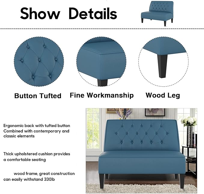Alunaune Upholstered Blue Loveseat Bench Couch for Bedroom, Modern Cushioned Armless Settee Small Love Seat Sofa Faux Leather Living Room Couch