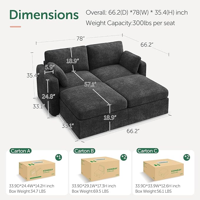 HONBAY Modular Sectional Sleeper Couch, Sectional Sofa with Storage Ottoman, Sleeper Sectional Couches for Living Room, Grey