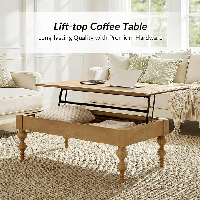 HULALA HOME Coffee Table Lift Top with Storage, Gourd-Shaped Legs, Wood Convertible Table for Living Room, Natural