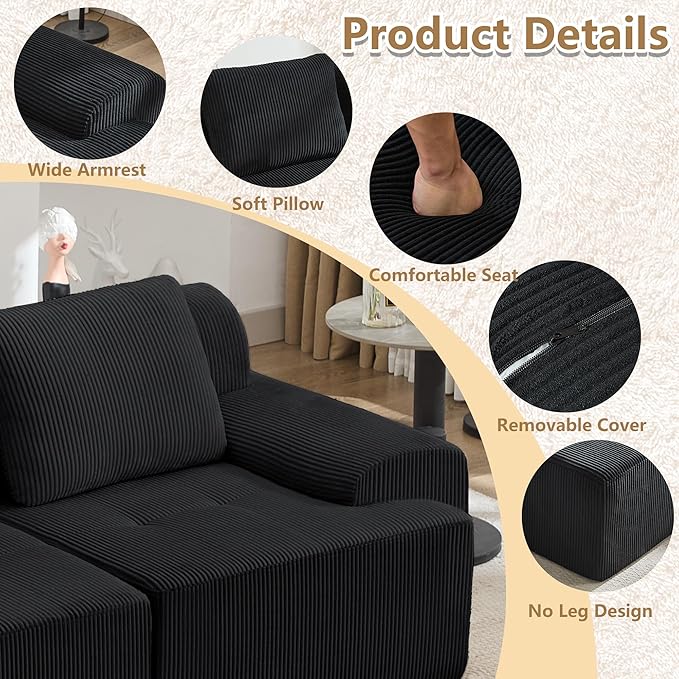 KIGOTY Modular Sectional Sofa, 3 PCS Comfy Cloud Sectional Couch with Deep Seat, L-Shaped Corner Sofas with Ottoman, Modern Boneless Couch for Living Room, No Assembly Required,Black