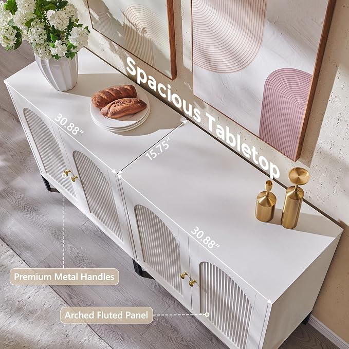 IFGET Modern TV Stands for 85 Inch TVs, 123.5‬"W Wood Entertainment Center w/Adjustable Shelves, Mid Century Modern TV Stand w/Arched Fluted Doors, Media Console Cabinet for Living Room, White - Image 5