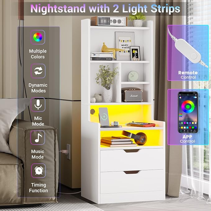 BTHFST Tall Nightstand Set of 2, LED Nightstand with Charging Station, Bedside Table with Shelves and 2 Drawers, Tall End Side Table with LED Lights and Storage, White - Image 4