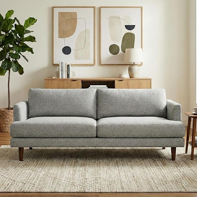 SIMPLIHOME Livingston 76-inch Wide Sofa in Mist Grey Woven-Blend Fabric, Handcrafted Loveseat Couch for Living Room or Family Room, Mid-Century Modern Style, Solid Wood Frame