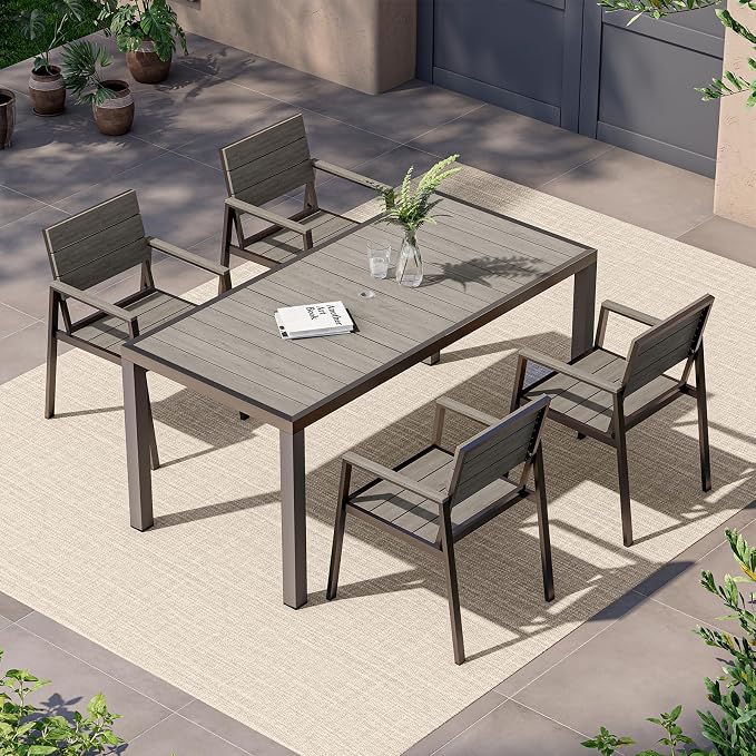 Vexwalx 5-Piece Outdoor Dining Set, Aluminum Dining Table Set for 4, Patio Table and Chairs Set with Umbrella Hole, All Weather HDPS Outdoor Table and Chairs for 4 (Gray) by Vexwalx