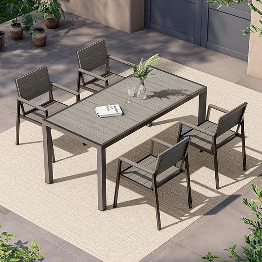 Vexwalx 5-Piece Outdoor Dining Set, Aluminum Dining Table Set for 4, Patio Table and Chairs Set with Umbrella Hole, All Weather HDPS Outdoor Table and Chairs for 4 (Gray) by Vexwalx