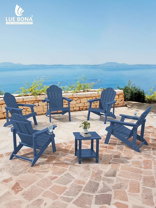 LUE BONA HDPE Adirondack Chairs Set of 8 - Weather Resistant Outdoor Seating with Cup Holder, Ideal for Poolside, Deck, Lake House, Resort & Outdoor Event, Blue - Image 6