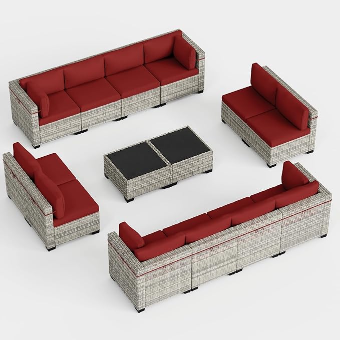 14-Piece Outdoor Patio Furniture Set, PE Wicker Rattan Sectional Sofa Conversation Set with Tempered Glass Table & Thick Cushions - All-Weather Garden, Backyard Furniture, Red