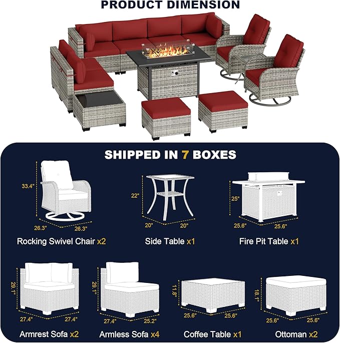 13-Piece Outdoor Patio Furniture Set with Rocking Swivel Chair, Wicker Rattan Sectional Sofa Conversation Set with 55,000 BTU Fire Pit Table with Ottomans, Backyard Furniture, Red