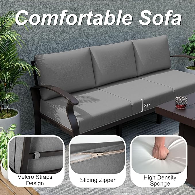 ALAULM Aluminum Patio Furniture Set with Propane Fire Pit Table 5-seat Metal Outdoor Furniture w/Fire Pit Patio Sectional Sofas w/5.1" Cushions for Patio, Backyard, Poolside-Grey