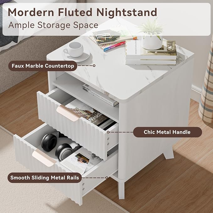 White Nightstand with 2 Drawers, 18" Modern Night Stand with Faux Marble Top, Open Storage Shelf, Fluted Bedside Table for Bedroom, End Table Side Table - Image 4