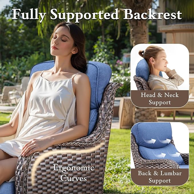 Luxury Outdoor Swivel Rocker Patio Chairs, High Back Patio Swivel Chairs with Side Table & 6-Inch Thick Cushions, Wicker Outdoor Bistro Set for Porch, Yard, Deck, Poolside, Brown/Blue