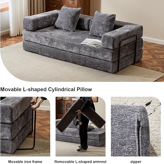 4-in-1 Folding Convertible Sofa Bed, 77" Floor Couch with Pillow - Chenille Fabric & High-Density Sponge & Fixed-Shape Frame, Modular Sofa for Living Room/Lounge/Studio, Dark Grey