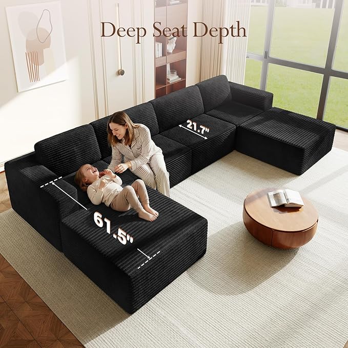 Vesgantti 159" Large Modular Sectional Sofa, U-Shaped Corduroy Cloud Couch with Deep Seats & Spring Support, 4-Seater Boneless Sofa with 2 Movable Ottomans, No Assembly Needed, Black