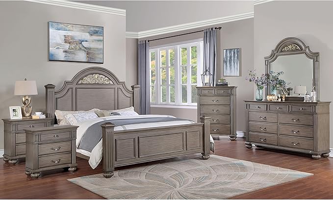 Furniture of America Malierd Traditional Wood 6-Piece Set, Panel King-Size Bed, 3-Drawer Nightstands, Chest, Dresser and Mirror for Bedroom, Gray