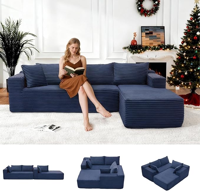 Cloud Sectional Couch, Modular Sectional Sofa with Left Chaise Lounge, Modern Modular L-Shape Sofa with Pillows & Deep Seat, Boneless Couches for Living Room Bedroom, Dark Blue