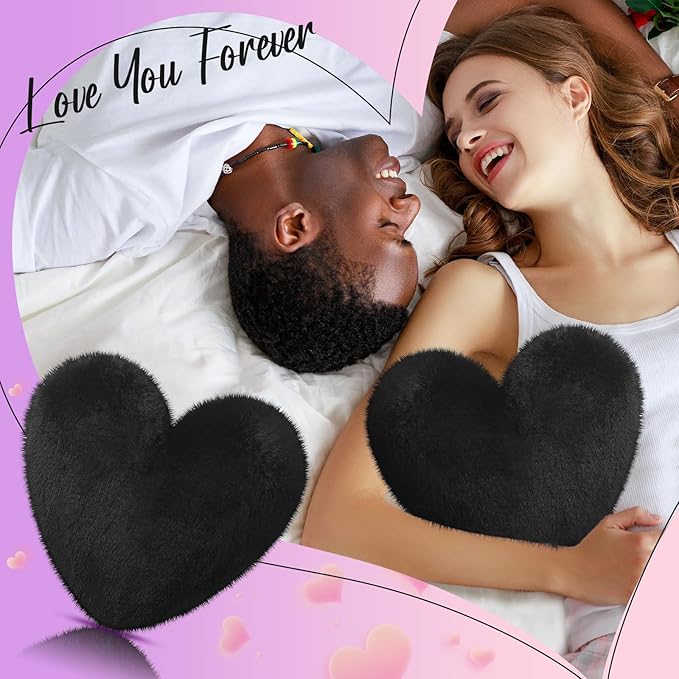 Marsui 2 Pcs Heart Throw Pillows, Soft Fluffy Faux Fur Decorative Hearts Shaped Pillows for Living Room Sofa Bed, Cute Heart Themed Gift for Women(Black,11.81 x 11.02 Inch)