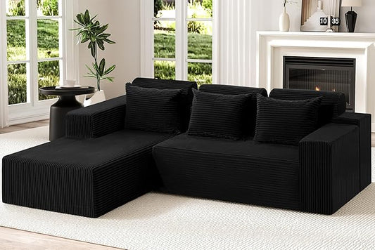 Homguava Modular Sectional Couches for Living Room,105" Cloud Couch with L-Shape Chaise,Comfy Sofa Living Room Sofas with Deep Seat,No Assembly L Couch,Corduroy Fabric(Black,L)