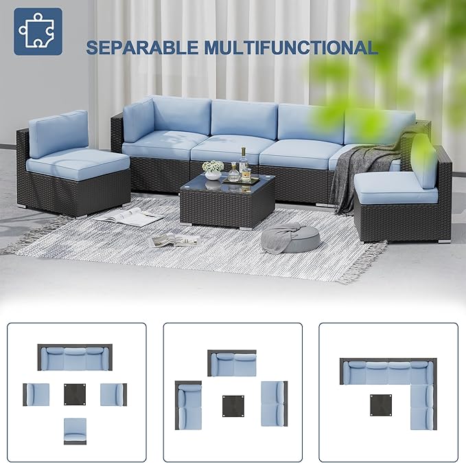 SUNCROWN 7-Piece Outdoor Patio Furniture Sofa Set All-Weather Black Wicker Sectional Conversation Set with Modern Glass Coffee Table and Cushions, Backyard, Garden, Poolside, Light Blue