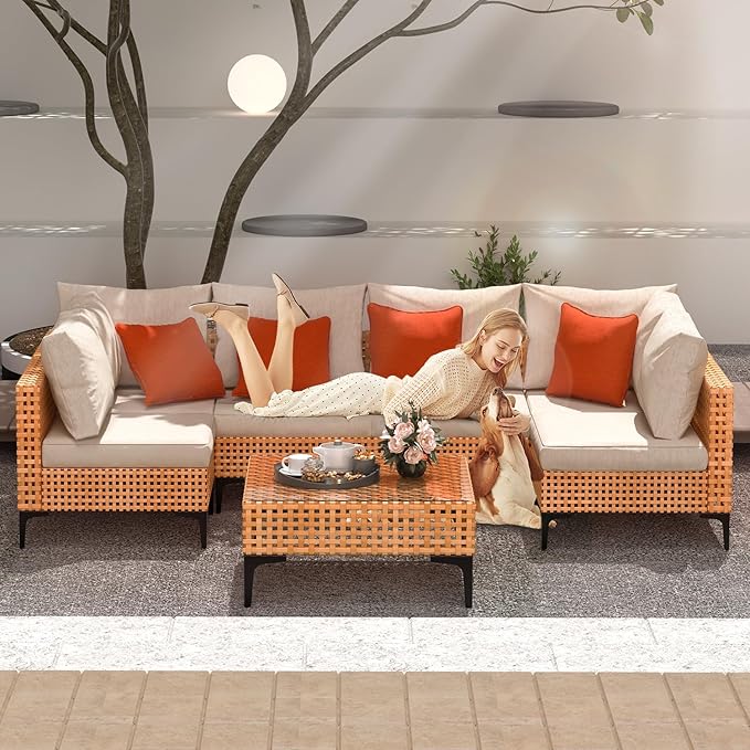 9 Piece Outdoor Patio Furniture Set Modular Outdoor Furniture Set Wicker Outdoor Sectional Sofa with Cushions and Tea Table Patio Set for Balcony Porch Deck Yard (Salmon&Orange Wicker, Sand Cushion)