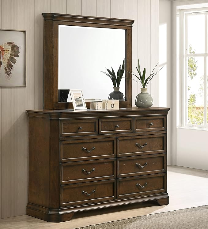 Roundhill Furniture Maderne Traditional Wood Panel Bed with Dresser, Mirror, Two Nightstands, Chest, Queen, Antique Walnut Finish