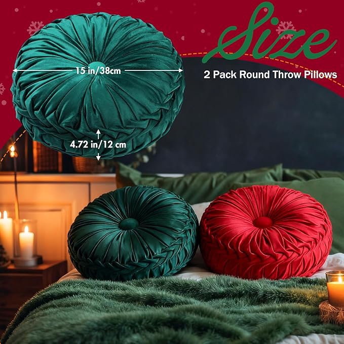 Beeveer 2 Pcs Round Throw Pillows 15 Inch Decorative Velvet Pleated Pumpkin Pillows Boho Floor Pillow with Center Button for Living Room Couch Chair Bed Sofa Home Decoration (Red and Green)