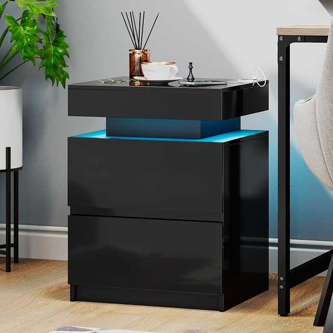 LED Nightstand - Bedside Table with Charging Station and 2 Shiny Surface Drawers Sliding Top with Magnetic Lock - Modern Night Stand for Bedroom & Living Room - Black - Image 8