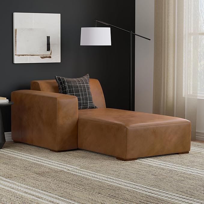 SIMPLIHOME Rex Left Chaise Sofa Module in Full-Grain Genuine Leather, Caramel Brown, 44-inches W x 69.5-inches D, Handcrafted Modern-Style Left-Arm Chaise Lounge Chair for Living Room