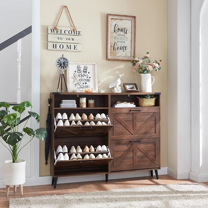 Barnyatoh Shoe Storage Cabinet,Farmhouse Shoe Organizer with 4 Flip Drawers & Barn Door Design,Freestanding Hidden Slim Narrow Shoe Rack Cabinet with Open Shelves for Entryway,Foyer,Hallway,Walnut by Barnyatoh