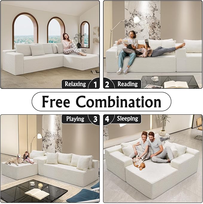 White sectional couches for Living Room Corduroy Couch，104" Cloud Sectional Couch with L-Shape Chaise， Modern Modular Sofa, Deep Seat Comfort, No Assembly Required(Plush Corduroy Fabric)